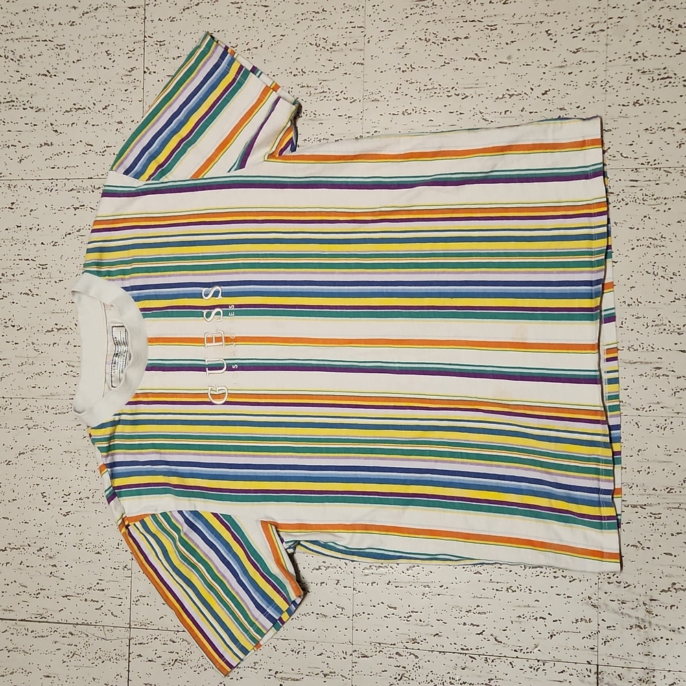 Guess Originals Multi Color Stripe Spellout Crewneck T-Shirt Vintage Y2K